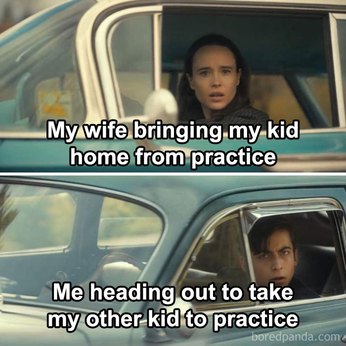 Woman and man in two cars, captured in a funny moment showing wholesome dads doing their best with kids.