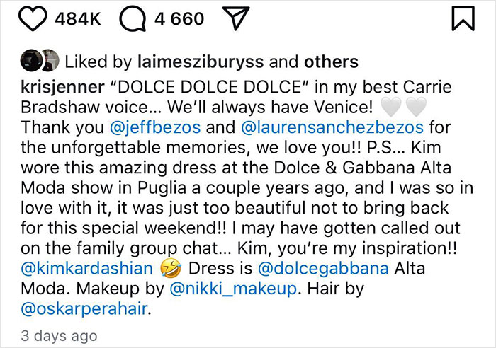 Instagram post by Kris Jenner expressing gratitude and mentioning Dolce & Gabbana dress and family inspiration.