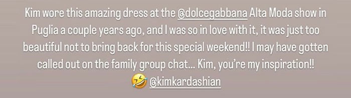 Text post about Kim Kardashian's dress from Dolce & Gabbana Alta Moda show, mentioning family group chat inspiration.