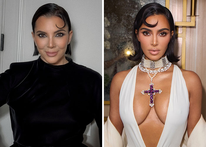 Side-by-side images of a woman with styled short hair, highlighting a skeleton Barbie leg Photoshop controversy.