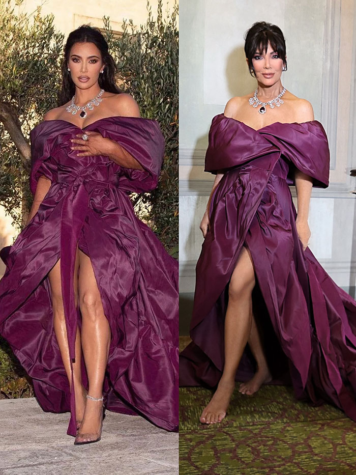 Two women wearing matching off-shoulder purple gowns, showing the skeleton Barbie leg controversy and alleged Photoshop fail.