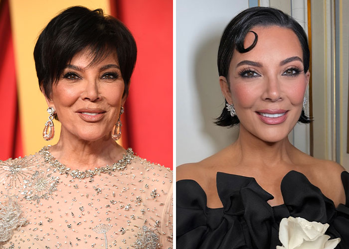 Kris Jenner with short hair and statement earrings alongside Kim Kardashian in a black dress, related to skeleton Barbie leg Photoshop fail.