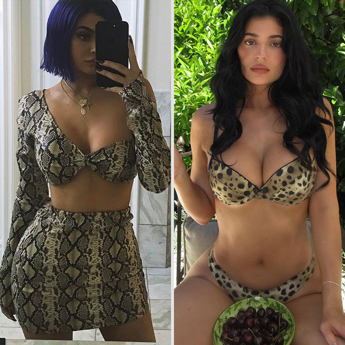Kylie Jenner in patterned outfits, showcasing plastic surgery scar while posing indoors and outdoors in two photos.
