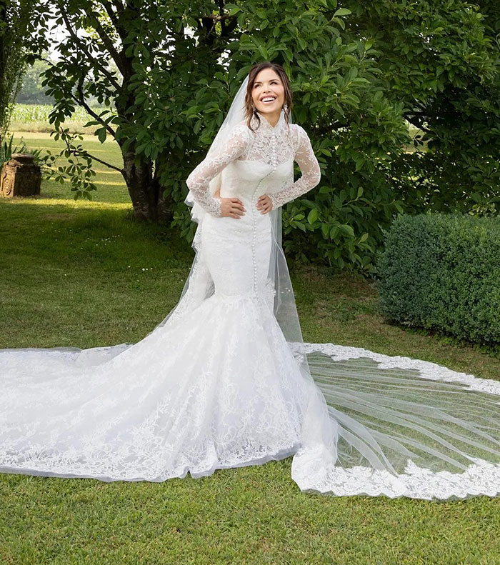 Lauren Sanchez posing in a white lace wedding dress outdoors, with Photoshopped wedding pictures showing editing blunders.