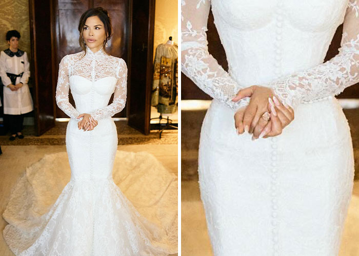 Lauren Sanchez wearing a white lace gown and showcasing her $5 million diamond ring in an elegant indoor setting.
