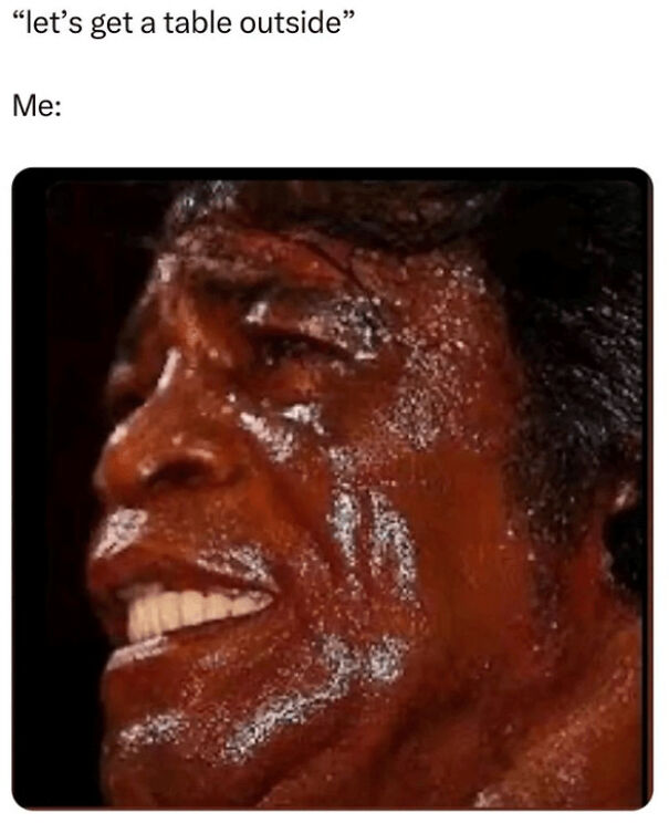 Sweating man grimacing humorously, illustrating the struggle of enjoying outdoor summer memes in hot weather.