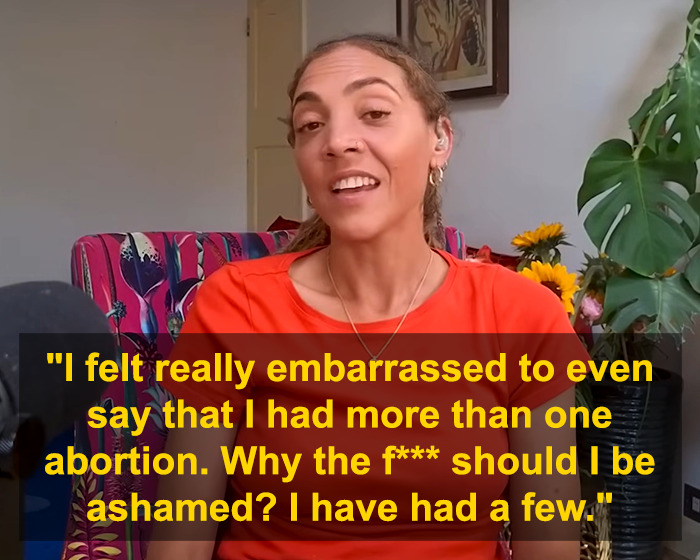 Lily Allen discussing her abortions and the internet's divided reaction in a casual indoor setting.