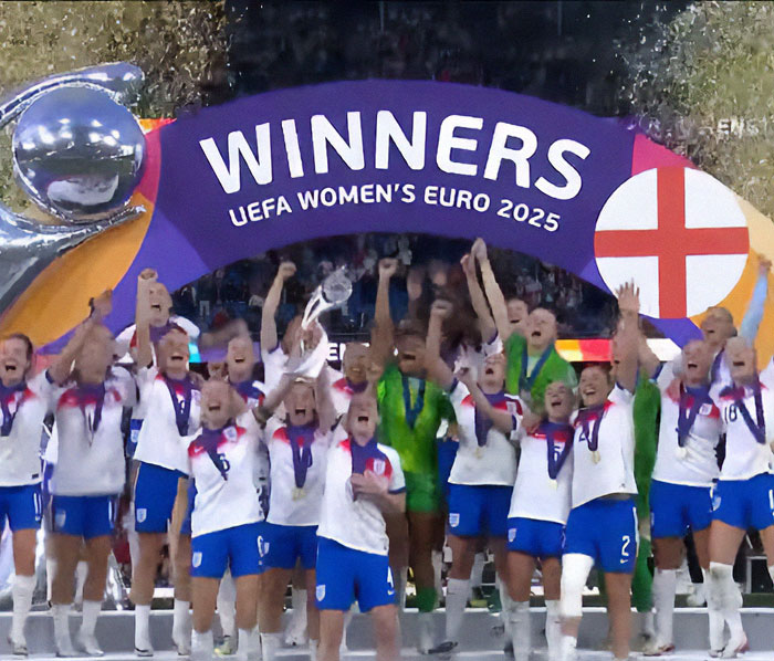England women's football team celebrating their dramatic shootout win at UEFA Women's Euro 2025 with trophy and confetti. England women's football team celebrating their dramatic shootout win at UEFA Women's Euro 2025 with trophy and confetti.