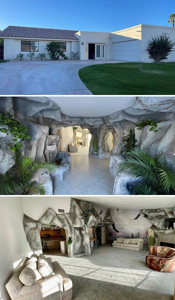 Exterior and unconventional interior of a real estate listing with cave-like rock features and unusual decor.