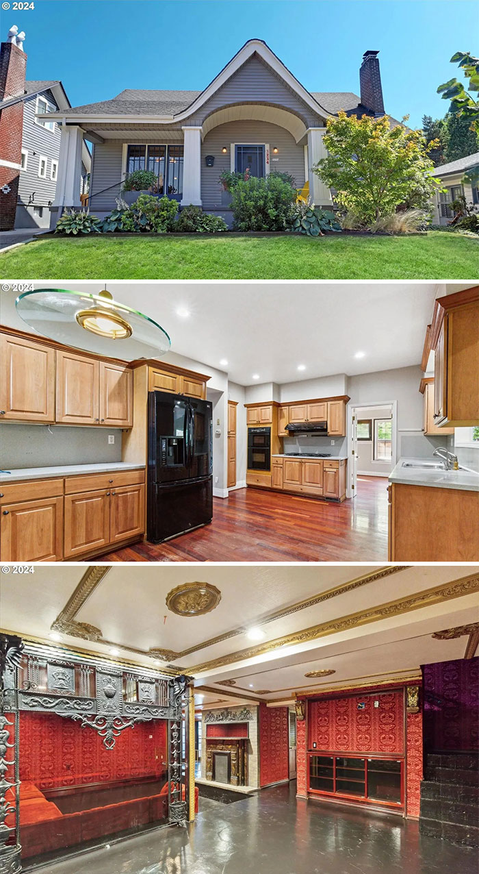 Exterior and interior shots of a unique, unhinged real estate listing with eclectic design and classic elements.