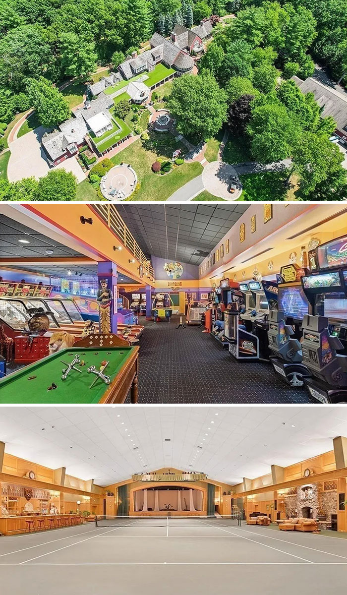 Aerial view of luxury estate with eclectic game room and oversized indoor tennis court in unhinged real estate listings.