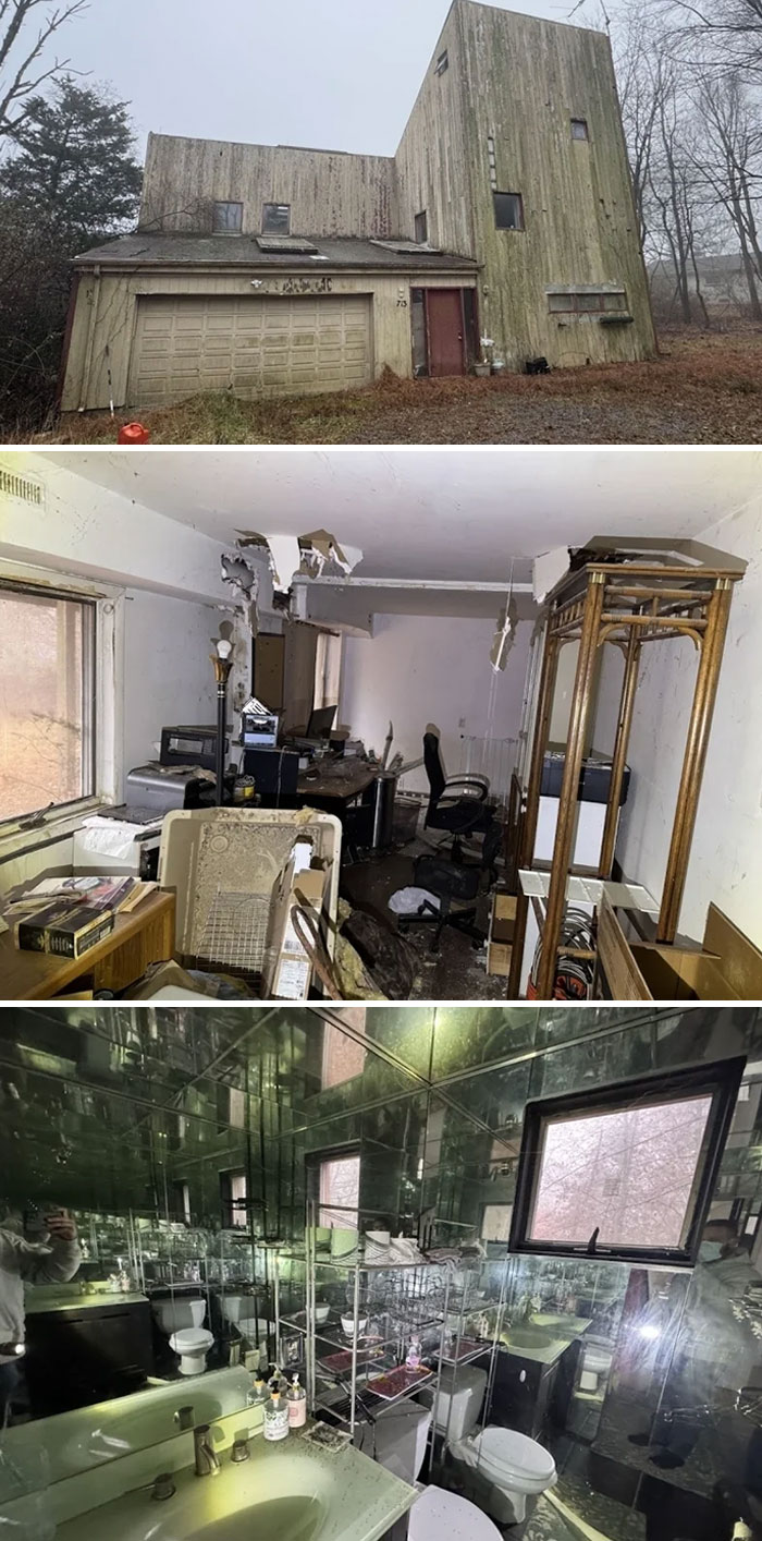 Exterior and interior views of unhinged real estate listings showing poor condition and outdated design features.