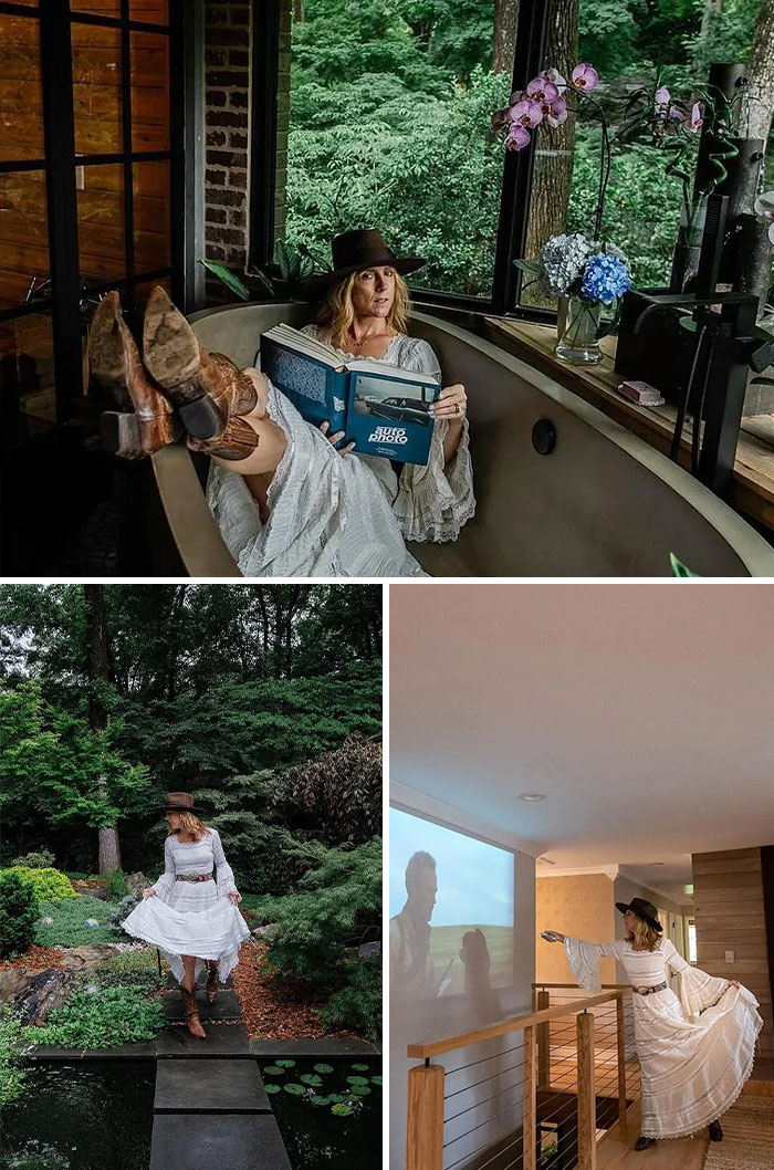 Woman in a white dress and hat posing inside and outside a vintage style home with unusual real estate features