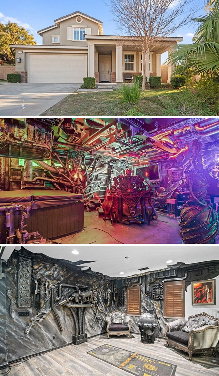 Suburban house exterior contrasted with two interiors featuring unhinged real estate listings and unique eccentric designs.