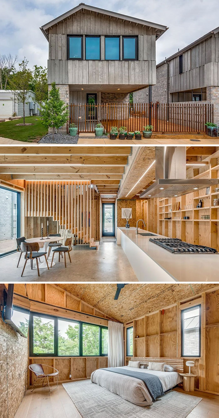 Unhinged real estate listing showing a modern home with exposed wood interiors and minimalist furnishings.