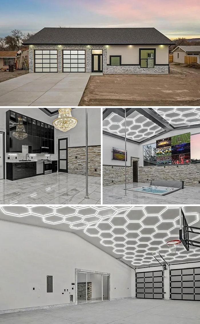 Modern house with unhinged real estate features including pole dance poles, hexagonal ceiling lights, and unique entertainment spaces.