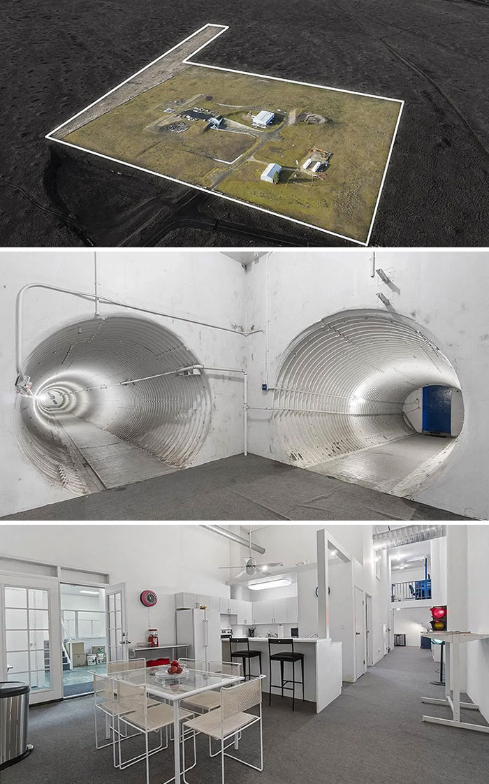 Aerial view of unique property with tunnel entrances and modern kitchen interior in unusual real estate listing.