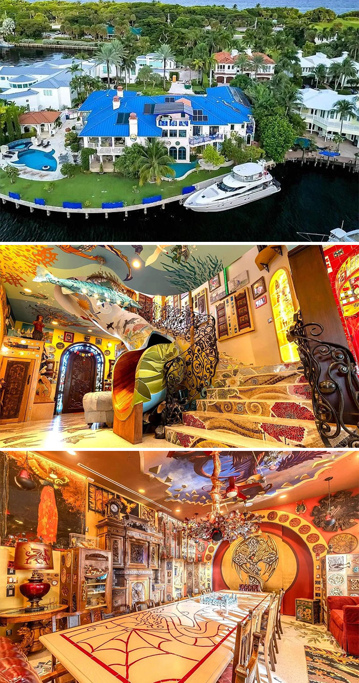 Aerial view of luxury waterfront home with yacht, bizarre interior staircase, and eclectic decorated dining room in real estate listings.
