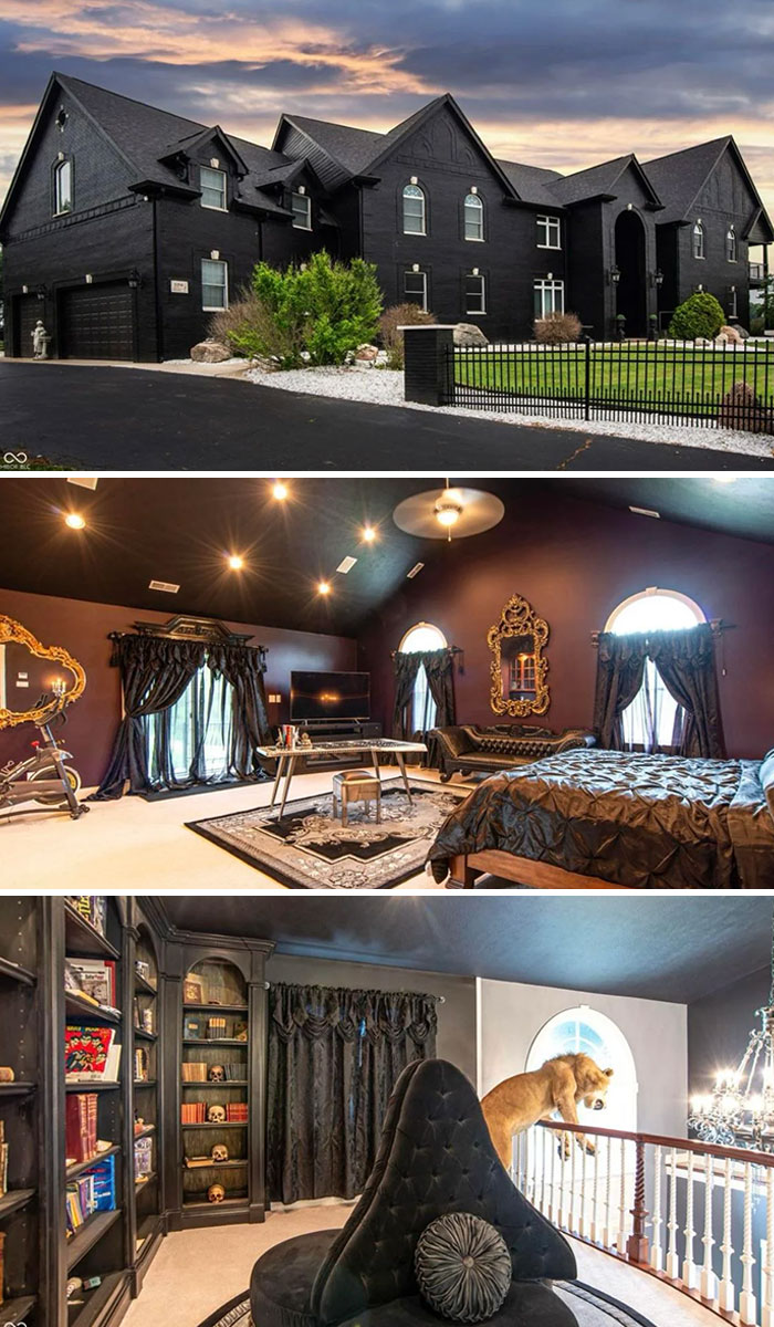 Exterior and interior shots of unhinged real estate listings showcasing bold black decor and extravagant design choices.
