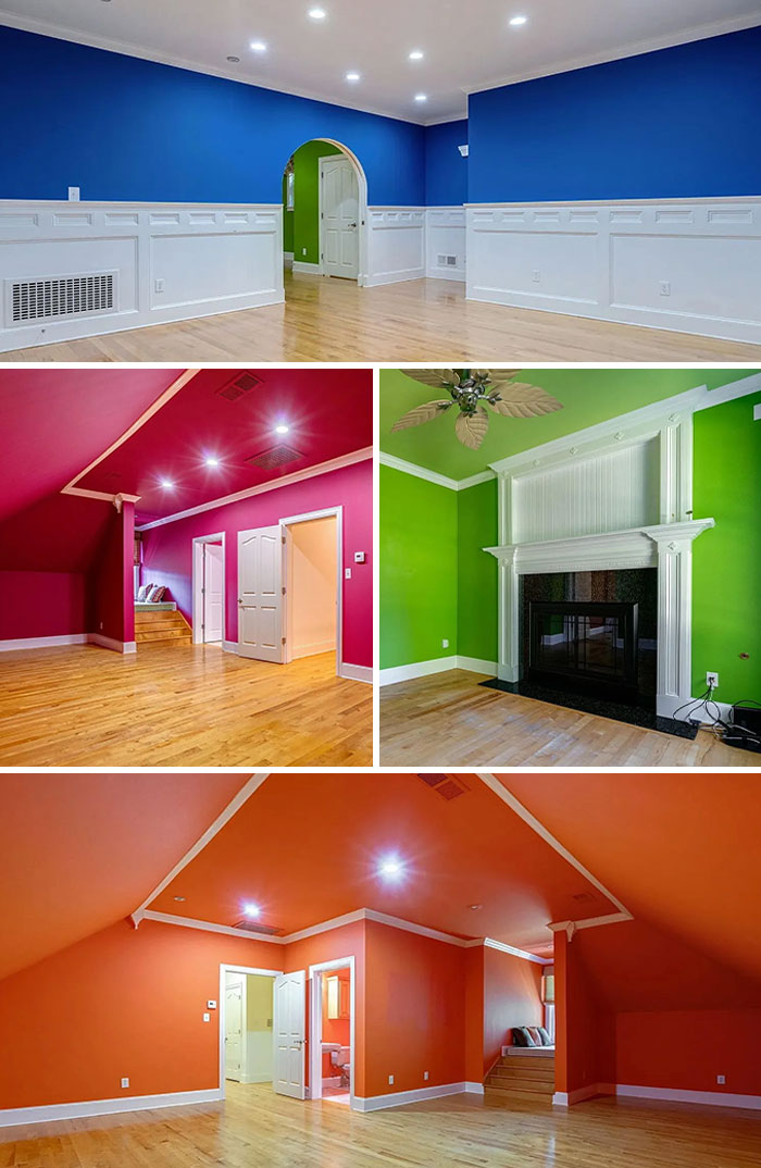 Brightly painted rooms in unhinged real estate listings showcasing bold color choices and unique interior design.