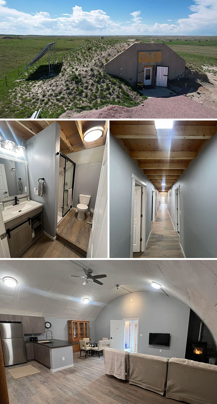 Underground home with unusual architecture shown through interior and exterior real estate listing photos.