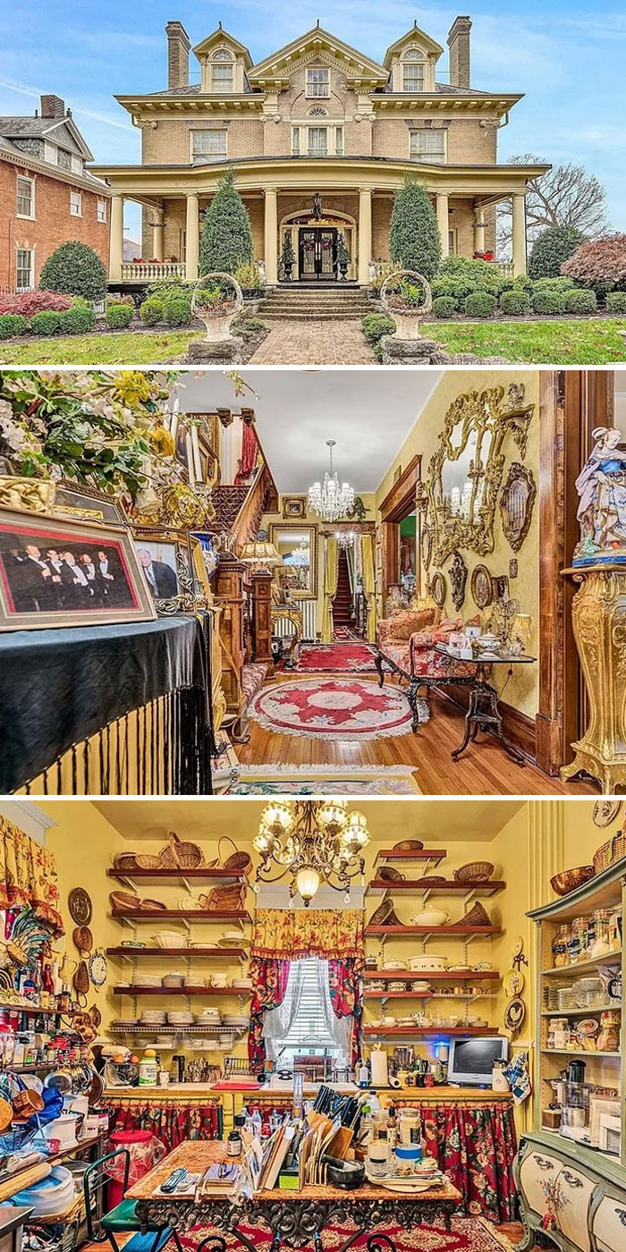 Large ornate real estate property with cluttered vintage interior and an eclectic kitchen full of items and decorations.