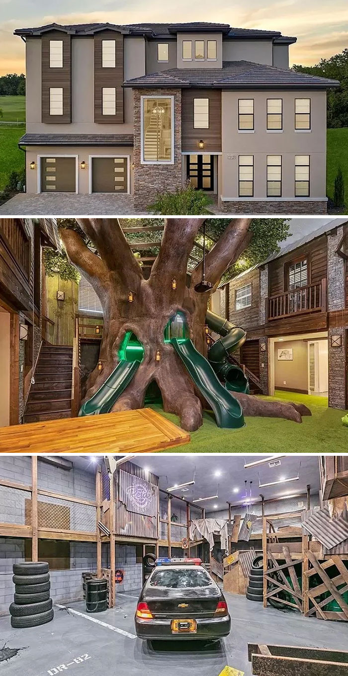 Modern house exterior, indoor tree play structure with slides, and an indoor paintball arena in unique real estate listings.