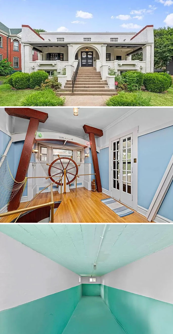 Exterior of a quirky house, nautical-themed interior room with ship wheel, and a narrow teal and white hallway in real estate listing.