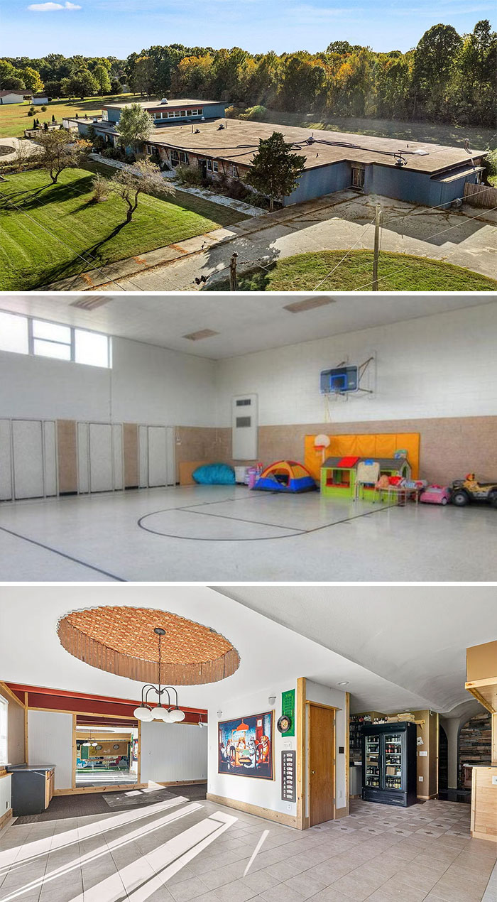 Exterior and interior photos of an unusual real estate listing with eclectic and unhinged design elements.