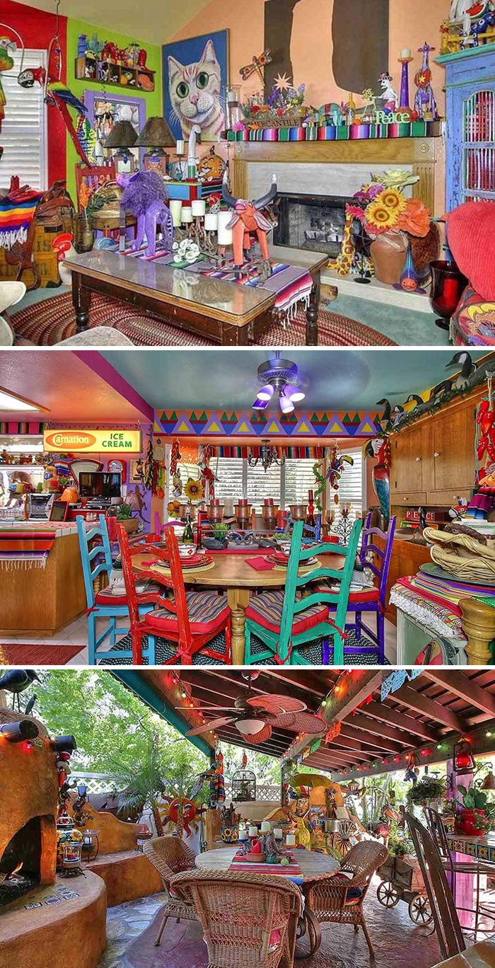 Colorful and cluttered real estate interiors with eclectic decorations showcasing unhinged design choices and lack of taste.