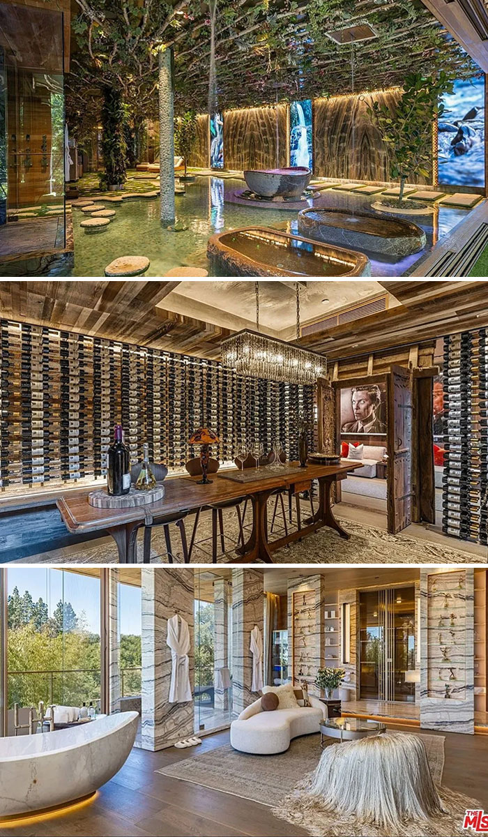 Luxurious real estate interiors featuring an indoor pond, extensive wine collection, and elegant marble bathroom designs.