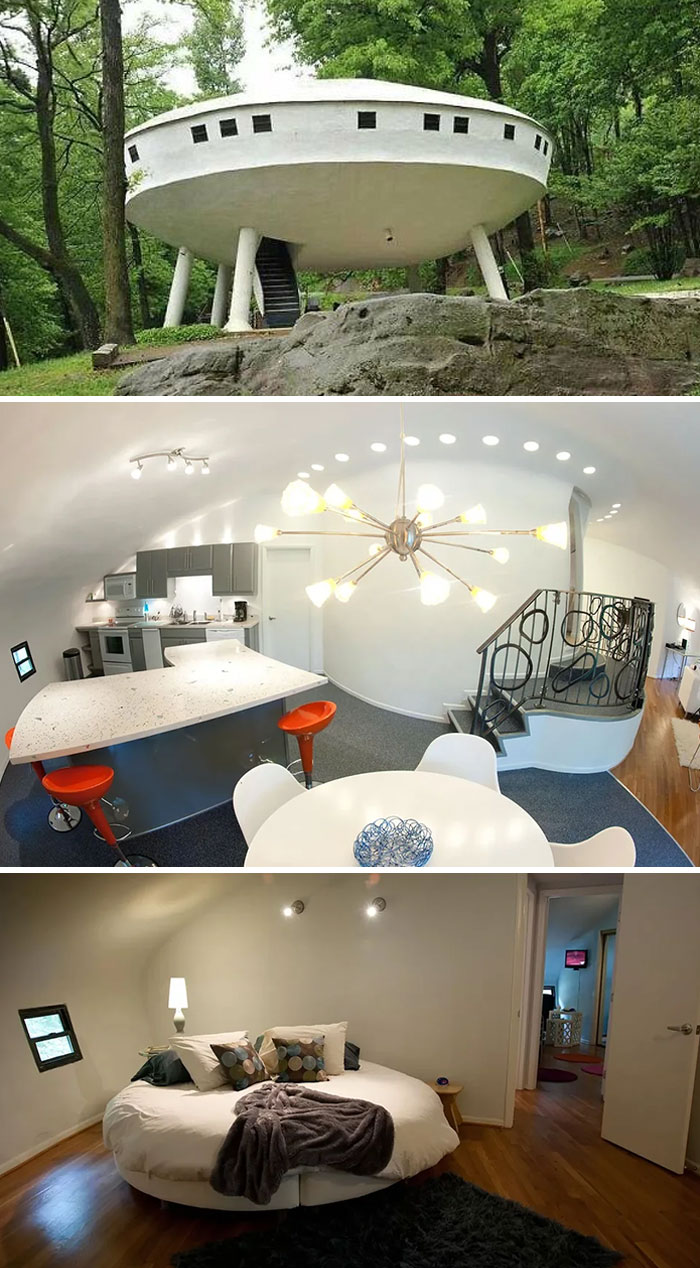Unhinged real estate listing featuring a UFO-shaped house with a quirky kitchen and round bedroom interior design.