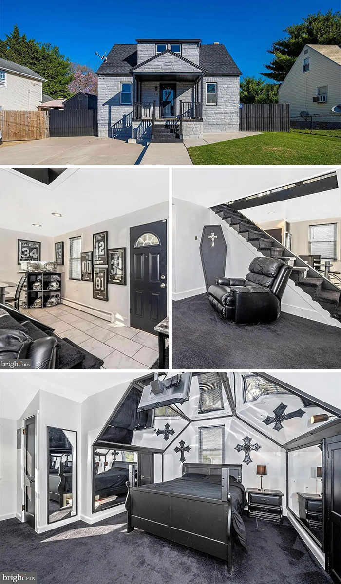 Exterior and interior views of an unhinged real estate listing featuring dark gothic decor and black furniture details.