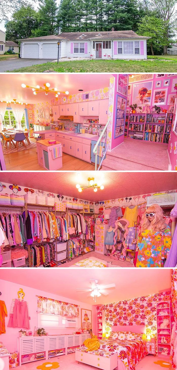 Exterior and interior of an unhinged real estate listing featuring bold pink decor and eclectic vintage style rooms.