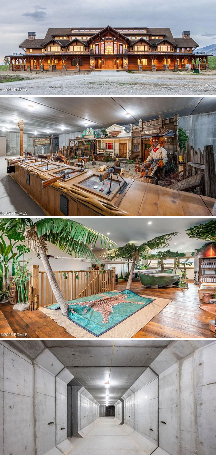 Unhinged real estate listing featuring a large lodge, wild west arcade, jungle-themed room, and concrete bunker hallway.