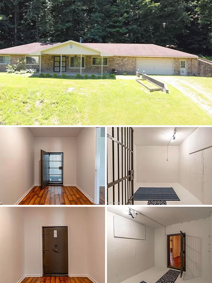 Exterior and interior views of an unusual real estate listing featuring heavy security doors and a jail cell-like room.