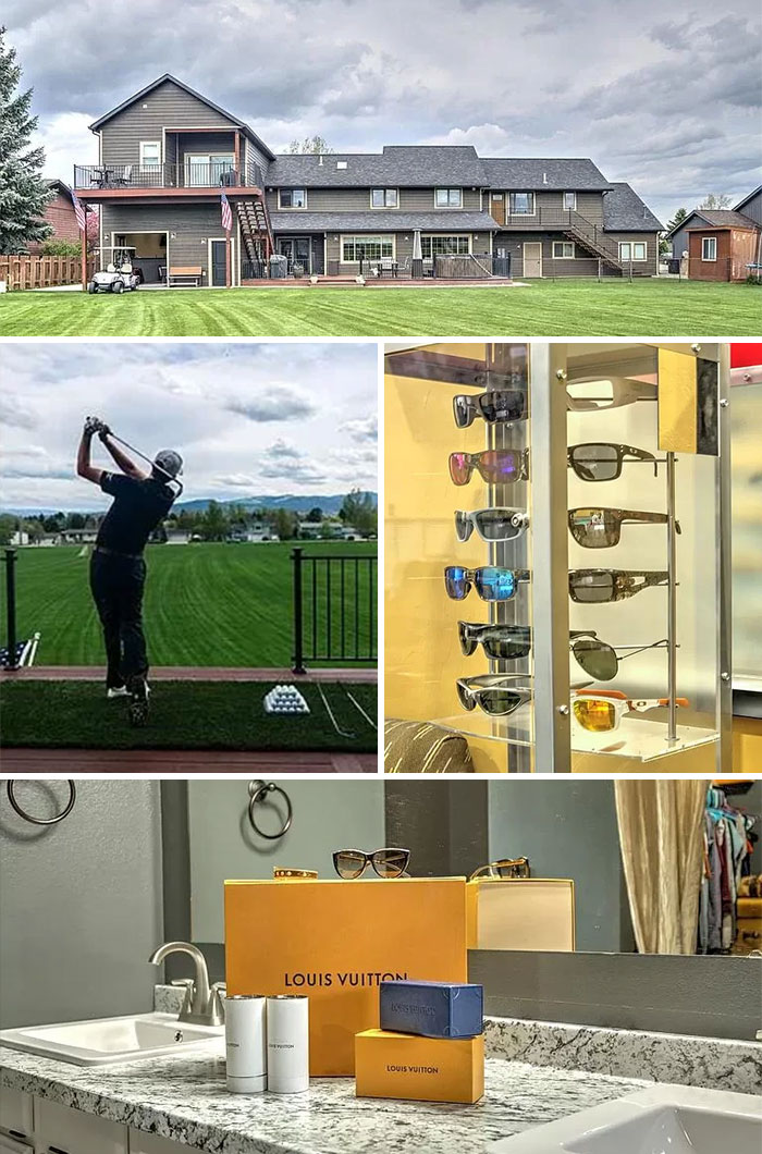 Large unhinged real estate listing with a golf practice area, luxury sunglasses display, and designer bathroom items.