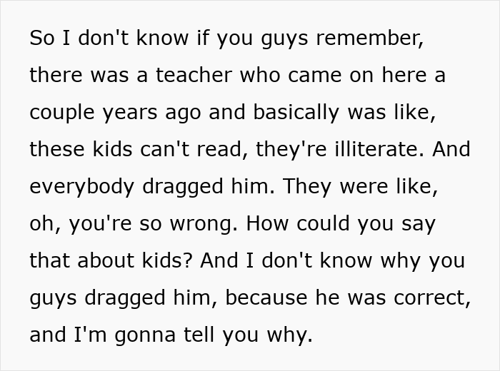 Text excerpt from a concerned US teacher warning about the growing literacy crisis among children in schools.