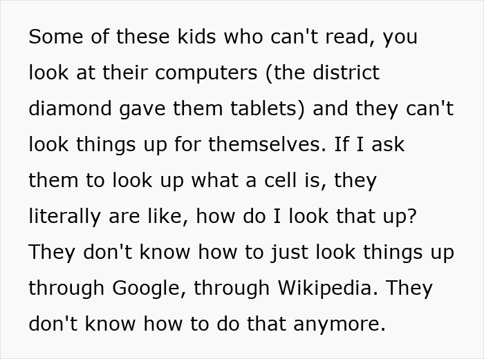 Screenshot of a concerned teacher discussing the literacy crisis and students struggling with basic reading and research skills.