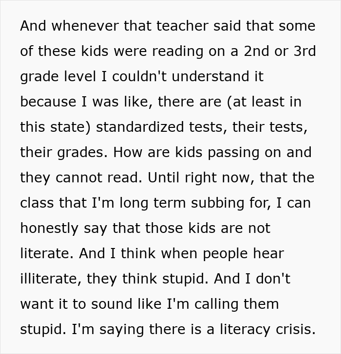 Text excerpt from concerned US teachers warning about the literacy crisis and students struggling to read grade-level material.
