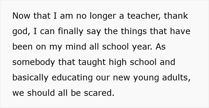 Text image showing a concerned message about the literacy crisis from a former US teacher expressing fear for education.