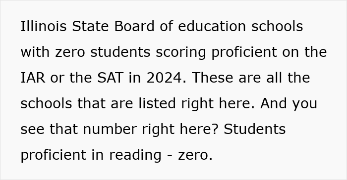 Text showing Illinois schools with zero students proficient in reading on IAR or SAT in 2024 highlighting US literacy crisis concerns.