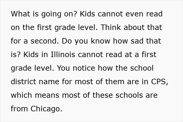 Alt text: Text discussing the literacy crisis with kids unable to read at first grade level in Chicago schools