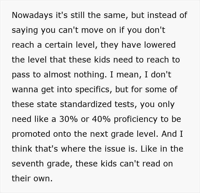 Text discussing concerns from US teachers about literacy crisis and lowered proficiency levels on state standardized tests.