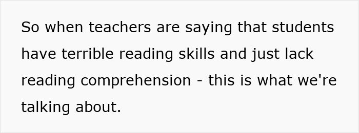 Text on screen about teachers warning that students have poor reading skills and lack reading comprehension literacy crisis