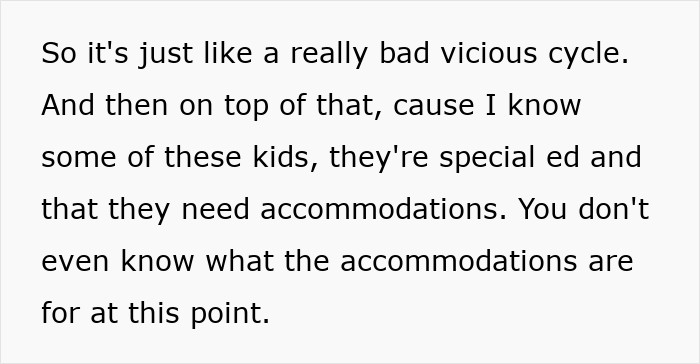 Text excerpt from a concerned US teacher discussing the literacy crisis and student accommodation challenges.