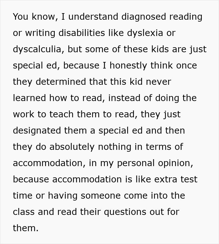 Excerpt from concerned US teachers discussing the literacy crisis and challenges with special education accommodations.
