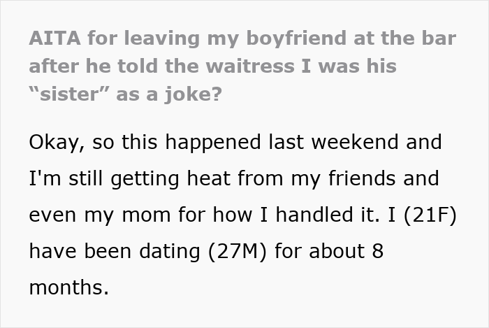 Text excerpt from Reddit post about a man calls his girlfriend sister as a joke, sparking a heated reaction.