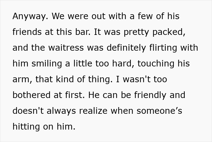 Text describing a man calls his girlfriend's sister, with a story about flirting at a packed bar and mixed feelings.