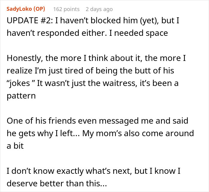 Screenshot of an online post update showing frustration with a man who calls his girlfriend sister and continues hurtful behavior.
